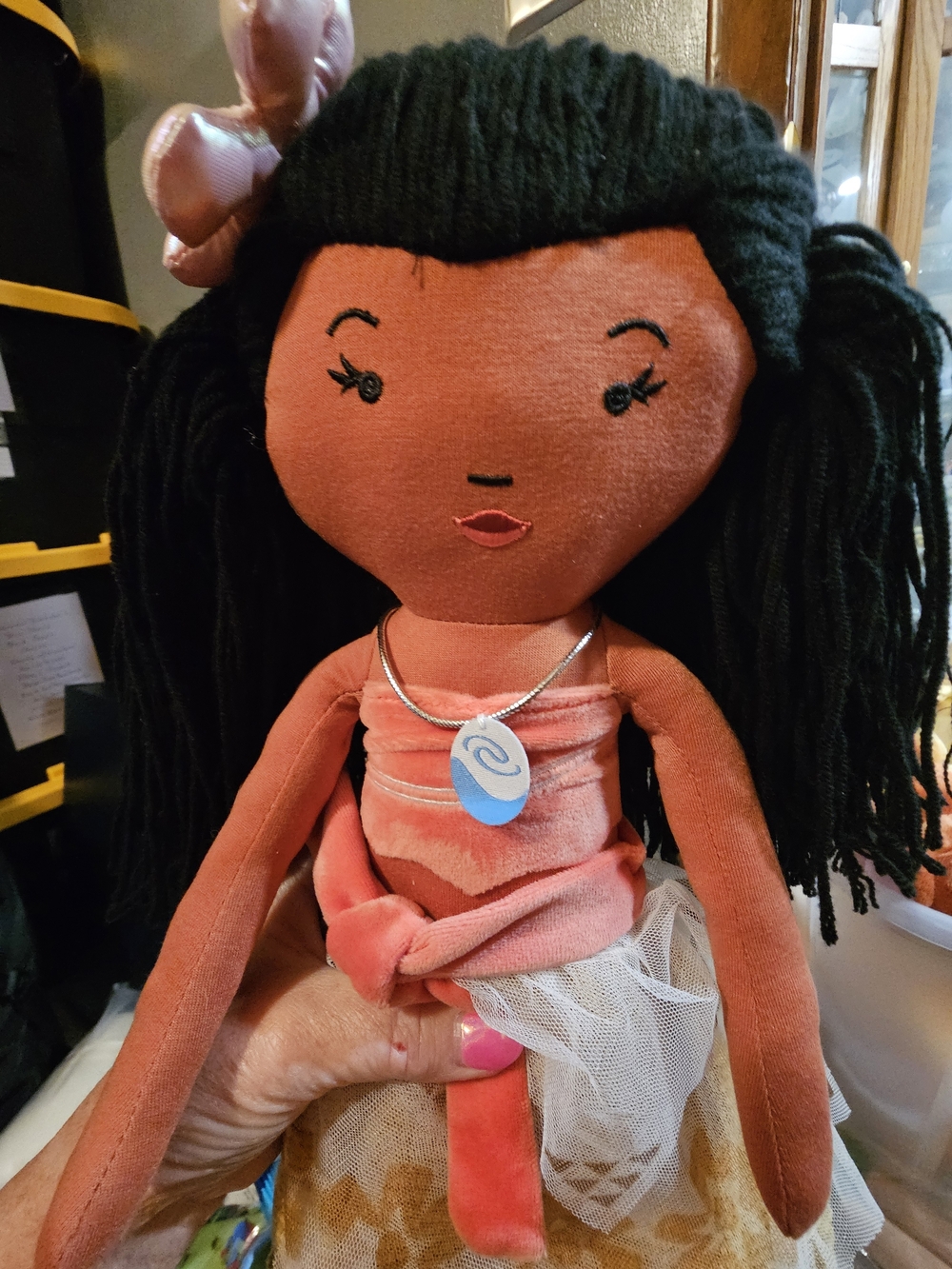 Pillowfort Coral Fabric Doll with Black Yarn Hair and Pink Bow